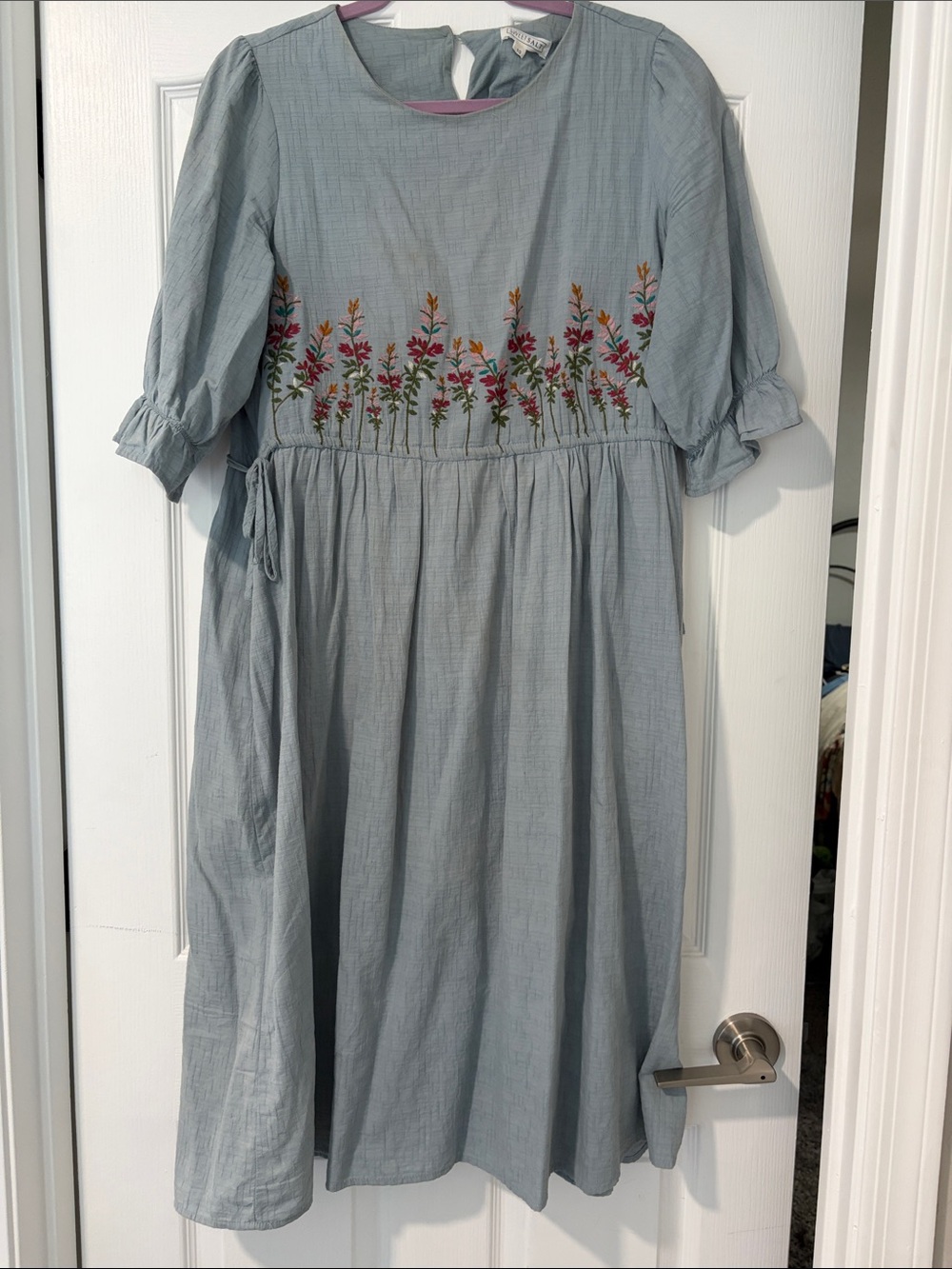 Embroidered Light Blue Midi Dress with Floral Detail
